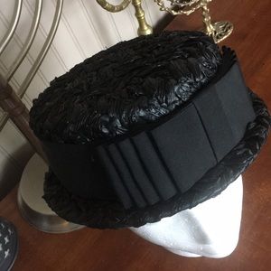 Vintage Black Straw Hat with Ribbon